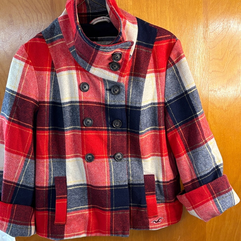 Hollister Red and Blue Plaid Pea Coat
